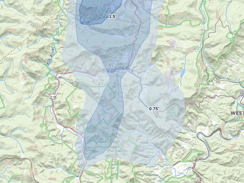 NEXRAD radar-signature map of the hail over Snowshoe, WV