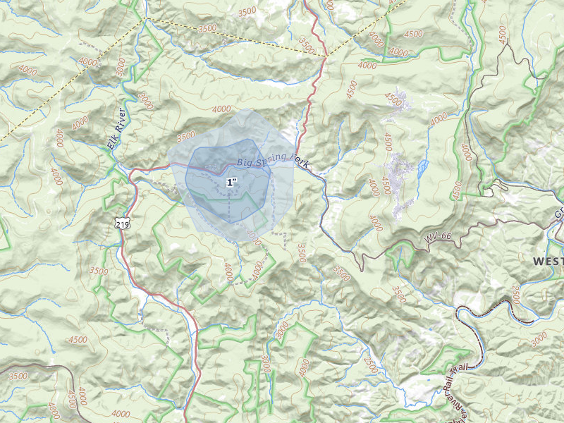 NEXRAD radar-signature map of the hail storm over Snowshoe, WV on Jul 5, 2026