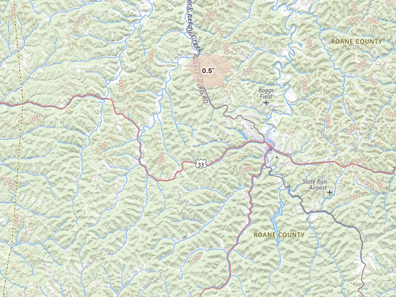 Radar-estimated hail-size map of the storm over Spencer, WV on Aug 16, 2026