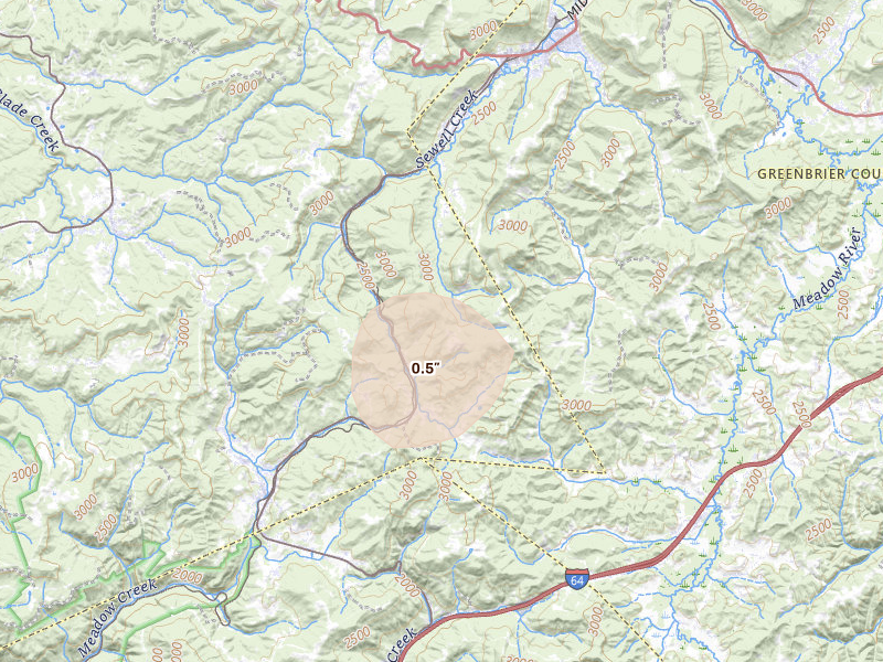 Radar-estimated hail-size map of the storm over Spring Dale, WV on Aug 7, 2026