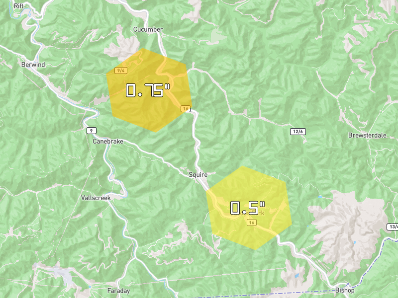 Hail map of Squire, WV on Jul 28, 2026, hail up to 0.75"