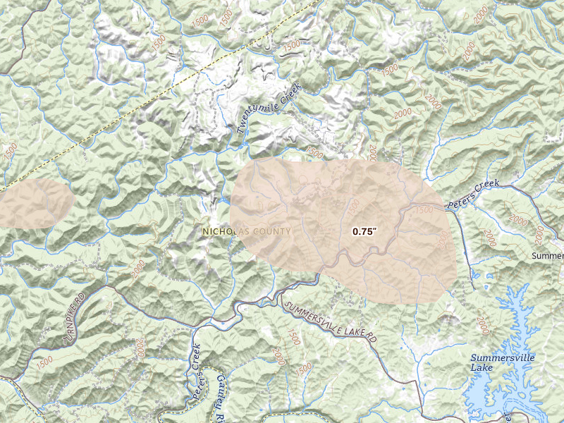 Radar-estimated hail-size map of the storm over Summersville, WV on Aug 10, 2026