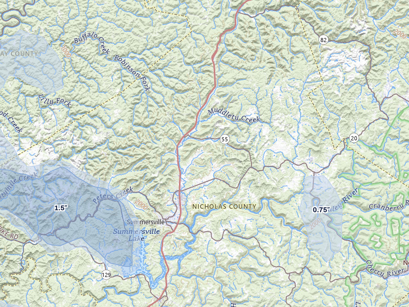 NEXRAD radar-signature map of the hail storm over Summersville, WV on Aug 10, 2026