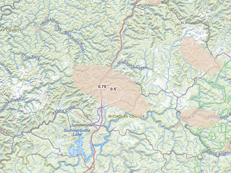 Radar-estimated hail-size map of the storm over Summersville, WV
