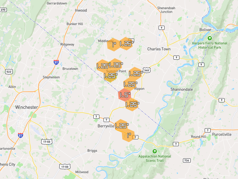Hail map of Summit Point, WV on Jul 4, 2026, hail up to 1.5"