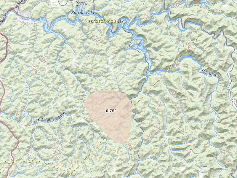 Radar-estimated hail-size map of the storm over Sutton, WV on Jun 10, 2026