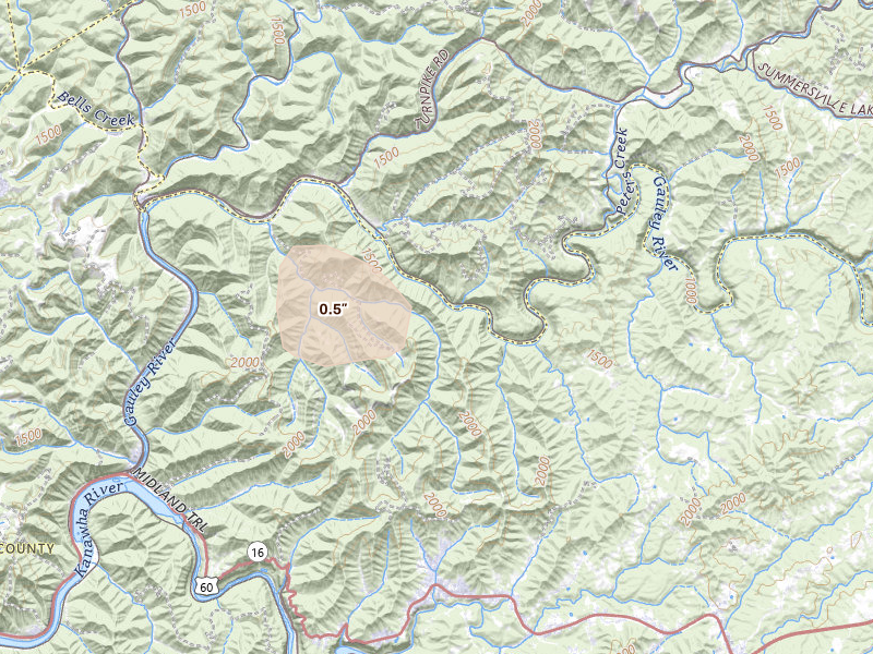 Radar-estimated hail-size map of the storm over Swiss, WV on Aug 8, 2026