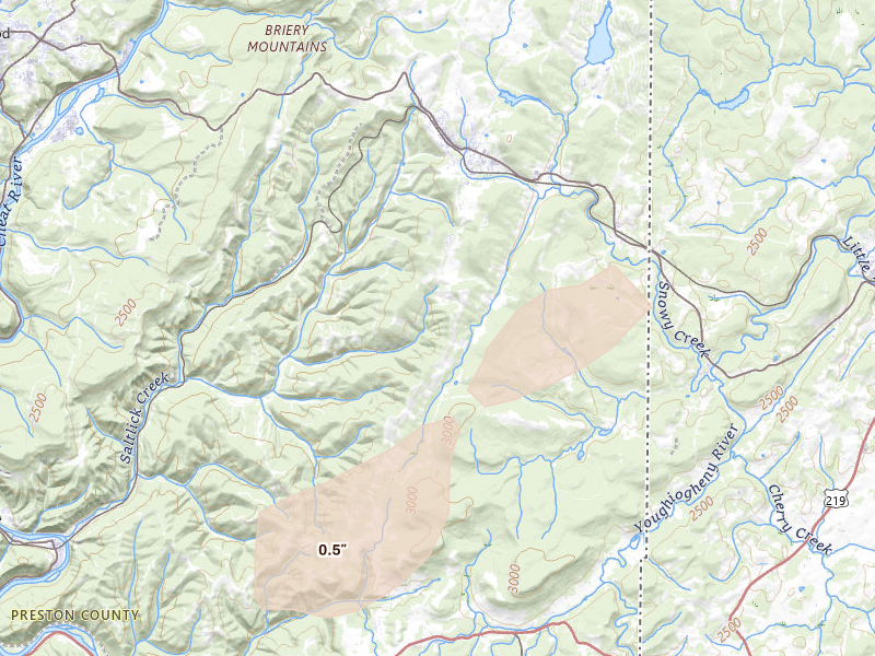 Radar-estimated hail-size map of the storm over Terra Alta, WV on Jul 17, 2026