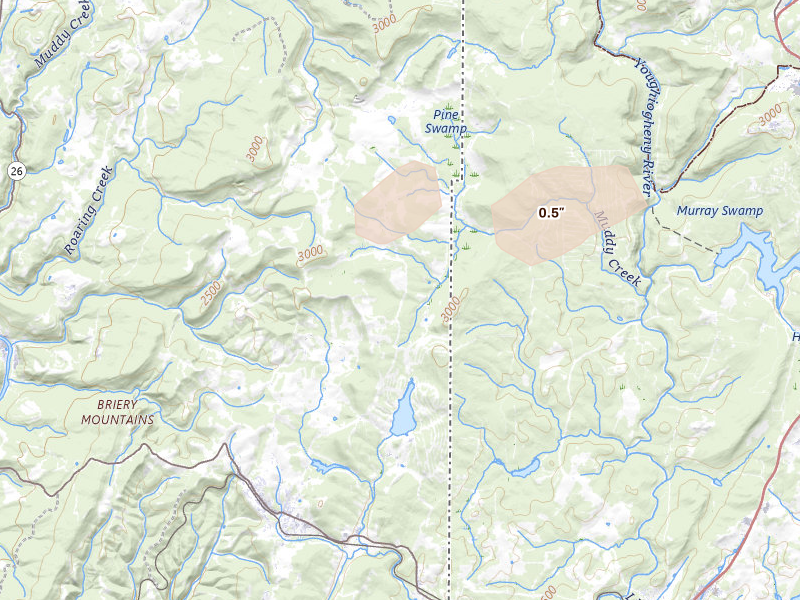 Radar-estimated hail-size map of the storm over Terra Alta, WV on Aug 10, 2026