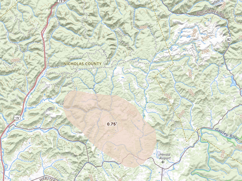 Radar-estimated hail size over Tioga, WV on Sep 5, 2026