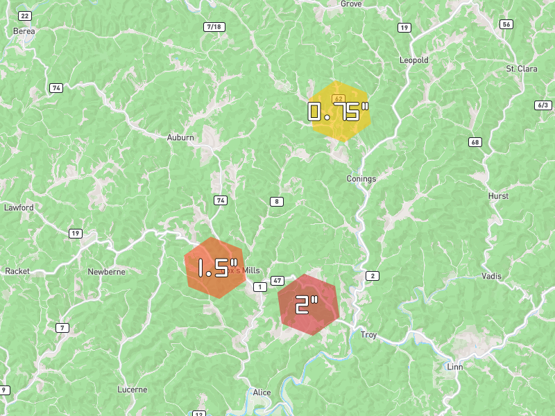 Hail map of Troy, WV on Jul 21, 2026, hail up to 2"
