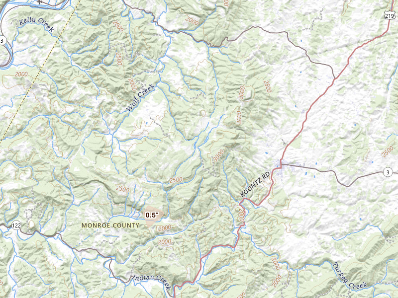 Radar-estimated hail-size map of the storm over Union, WV on Jun 22, 2026