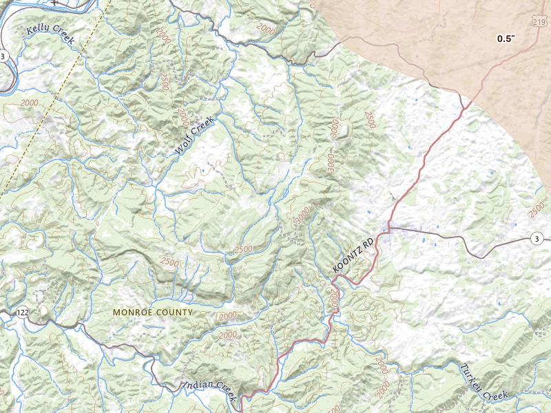 Radar-estimated hail-size map of the storm over Union, WV on Jul 28, 2026