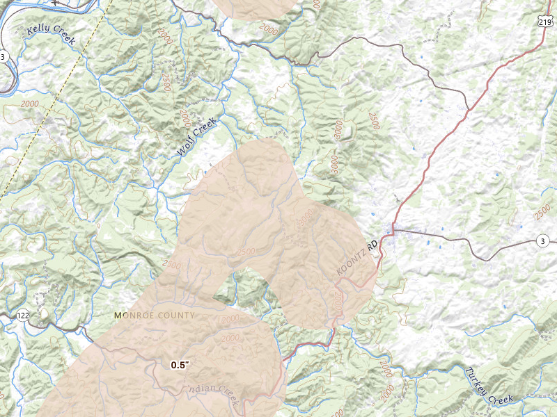 Radar-estimated hail-size map of the storm over Union, WV on Aug 27, 2026