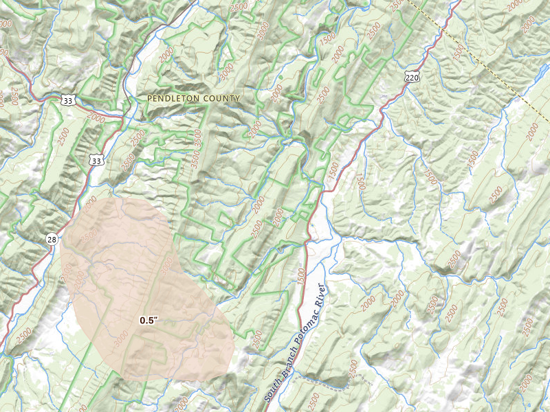 Radar-estimated hail-size map of the storm over Upper Tract, WV on Jul 4, 2026