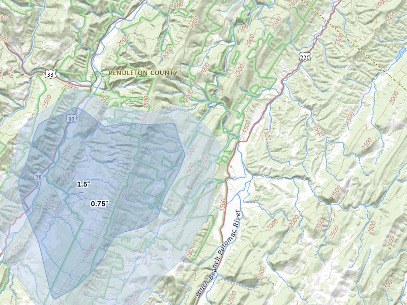 NEXRAD radar-signature map of the hail over Upper Tract, WV