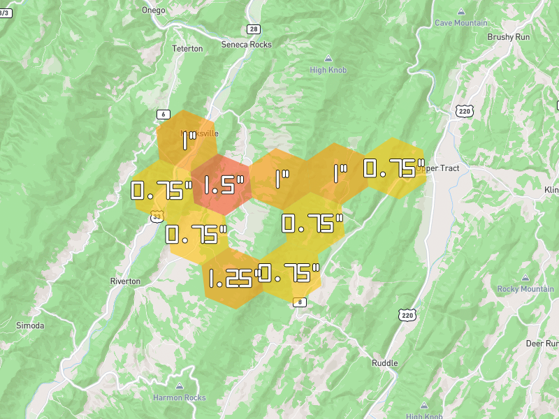 Hail map of Upper Tract, WV on Jul 4, 2026, hail up to 1.5"