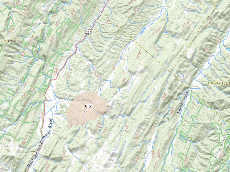 Radar-estimated hail-size map of the storm over Upper Tract, WV on Aug 22, 2026