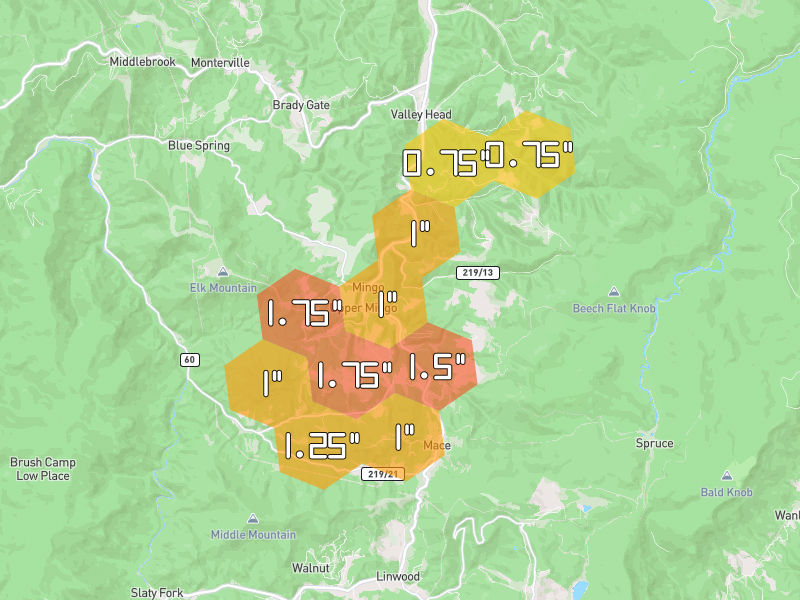 Hail map of Valley Head, WV on Jul 4, 2026, hail up to 1.75"