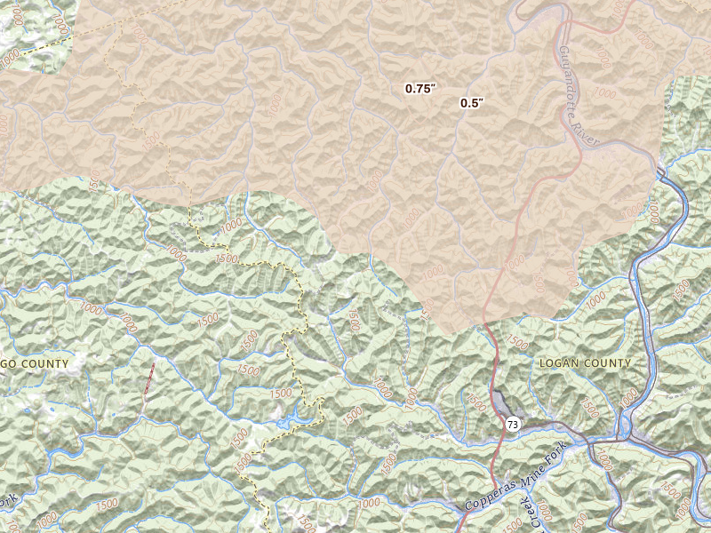 Radar-estimated hail-size map of the storm over Verdunville, WV on Apr 1, 2026