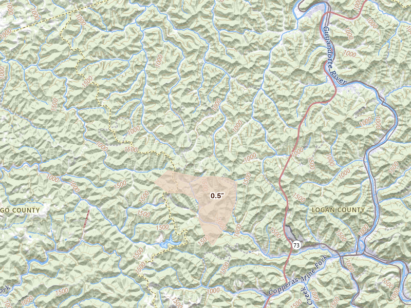 Radar-estimated hail-size map of the storm over Verdunville, WV on Jun 12, 2026