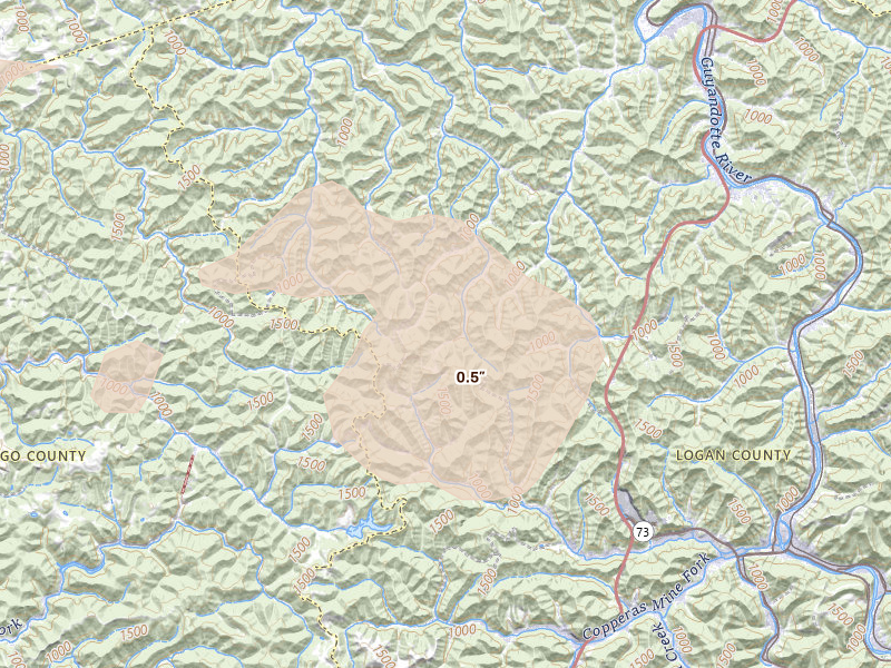 Radar-estimated hail-size map of the storm over Verdunville, WV on Aug 22, 2026