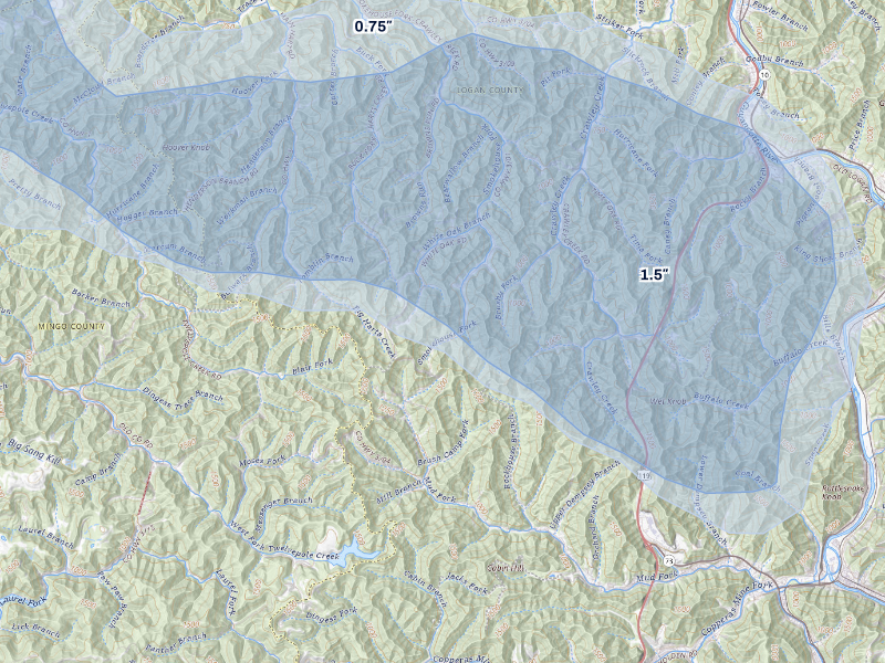 NEXRAD radar-signature map of the hail storm over Verdunville, WV on Aug 22, 2026