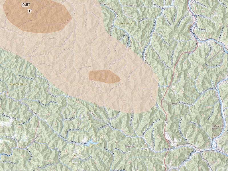 Radar-estimated hail-size map of the storm over Verdunville, WV