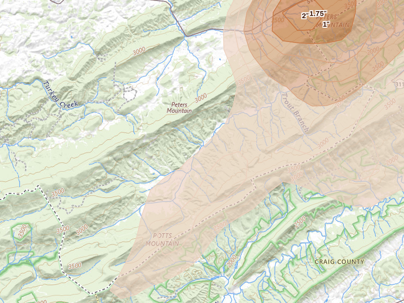 Radar-estimated hail-size map of the storm over Waiteville, WV on Jul 4, 2026