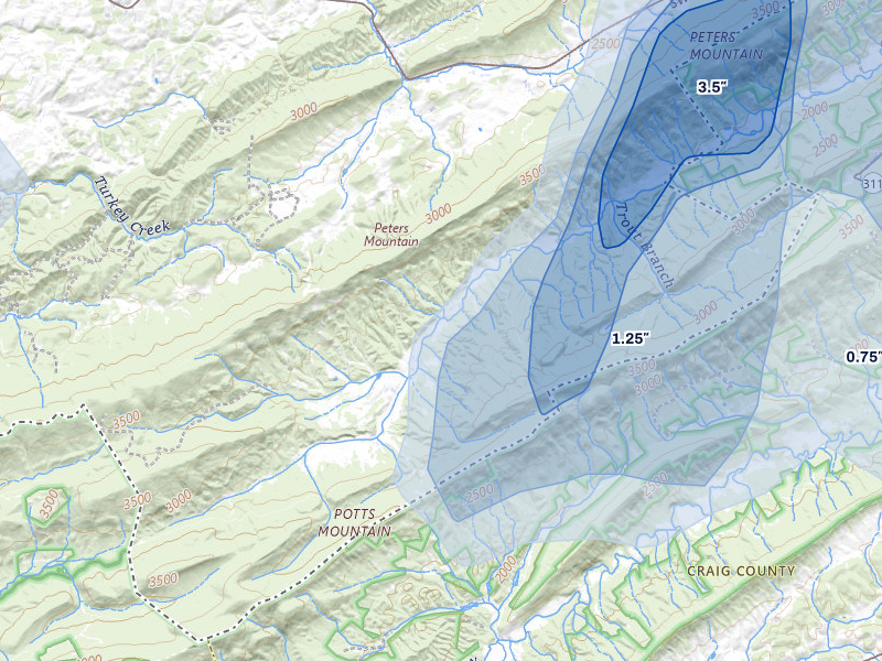 NEXRAD radar-signature map of the hail over Waiteville, WV