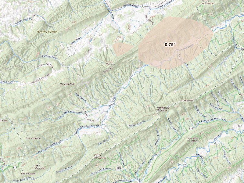 Radar-estimated hail-size map of the storm over Waiteville, WV
