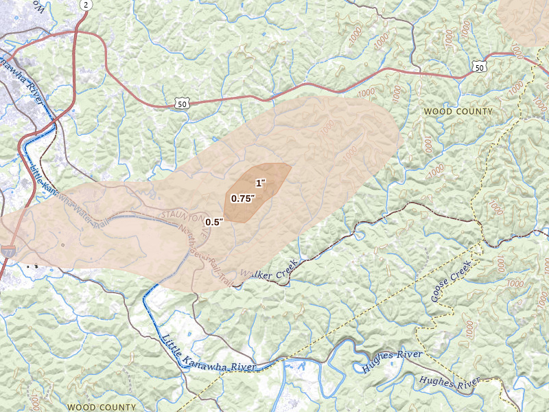 Radar-estimated hail-size map of the storm over Walker, WV on Aug 22, 2026