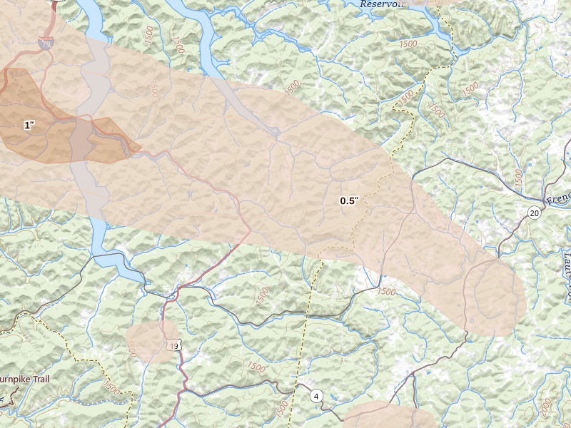 Radar-estimated hail-size map of the storm over Walkersville, WV on Jul 21, 2026