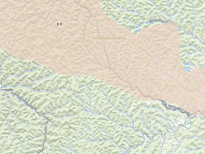 Radar-estimated hail-size map of the storm over Wallace, WV on Jul 21, 2026