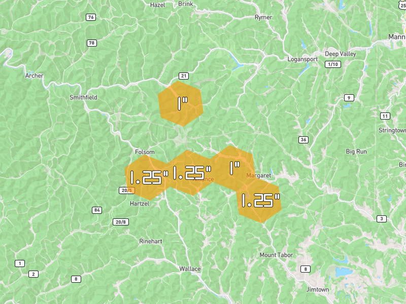 Hail map of Wallace, WV on Jul 21, 2026, hail up to 1.25"