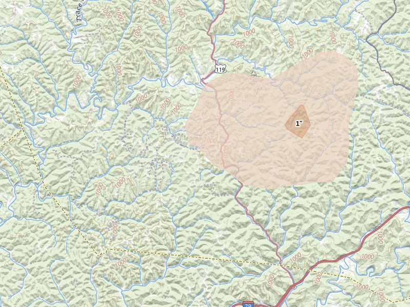 Radar-estimated hail-size map of the storm over Walton, WV on Jul 4, 2026