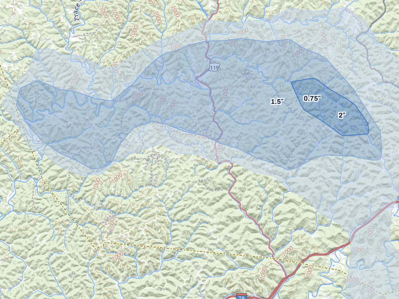 NEXRAD radar-signature map of the hail over Walton, WV