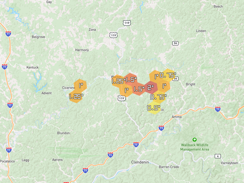 Hail map of Walton, WV on Jul 4, 2026, hail up to 2"
