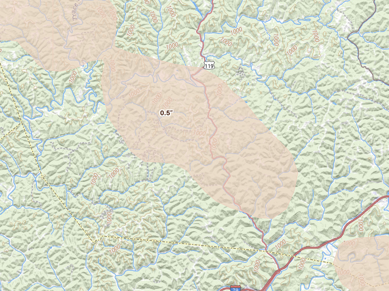 Radar-estimated hail-size map of the storm over Walton, WV on Aug 10, 2026