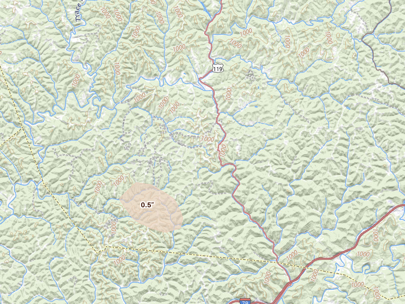 Radar-estimated hail-size map of the storm over Walton, WV on Aug 16, 2026