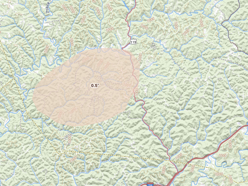 Radar-estimated hail-size map of the storm over Walton, WV on Sep 4, 2026