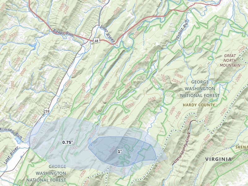 NEXRAD radar-signature map of the hail over Wardensville, WV