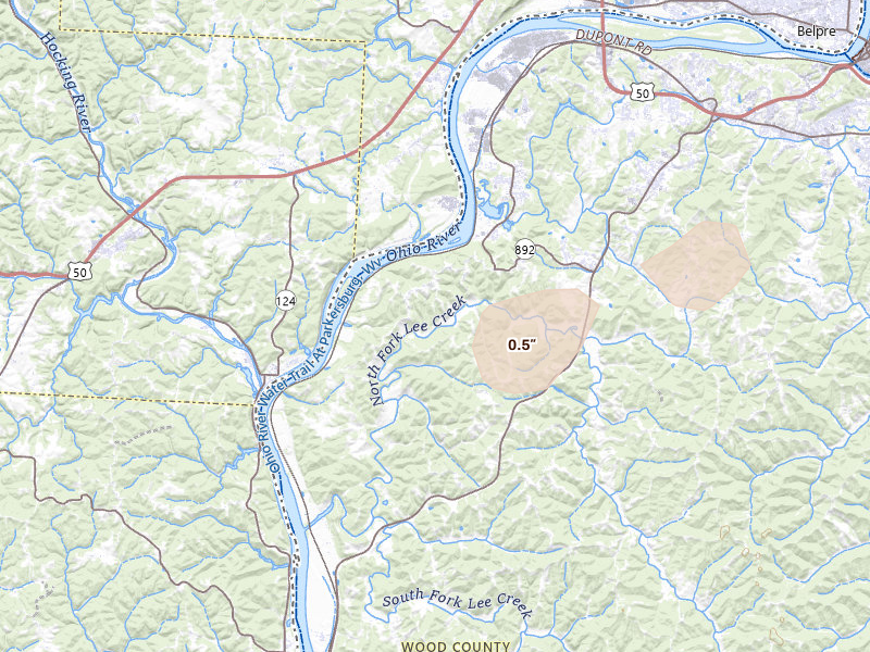 Radar-estimated hail-size map of the storm over Washington, WV on Aug 7, 2026