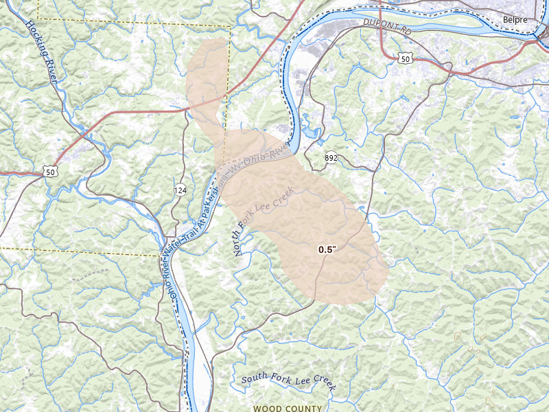 Radar-estimated hail-size map of the storm over Washington, WV on Aug 10, 2026