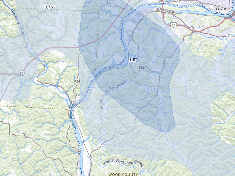 NEXRAD radar-signature map of the hail storm over Washington, WV on Aug 10, 2026