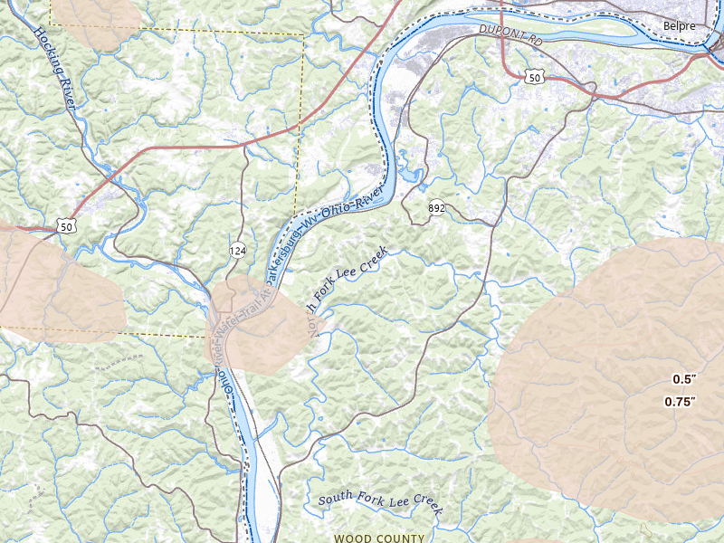Radar-estimated hail-size map of the storm over Washington, WV on Sep 4, 2026