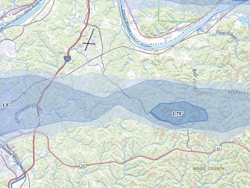 NEXRAD radar-signature map of the hail storm over Waverly, WV on Apr 1, 2026