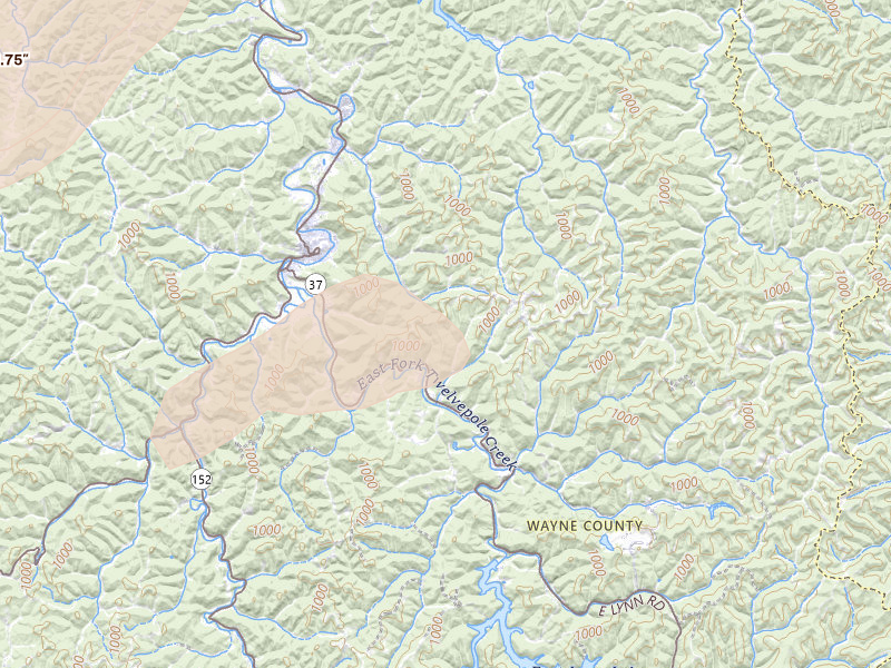 Radar-estimated hail-size map of the storm over Wayne, WV on Aug 5, 2026