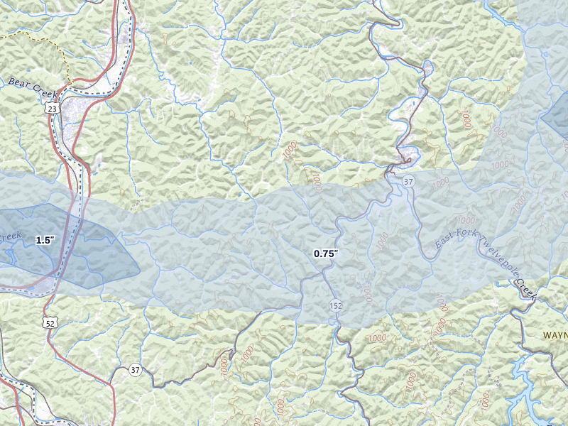 NEXRAD radar-signature map of the hail storm over Wayne, WV on Aug 11, 2026