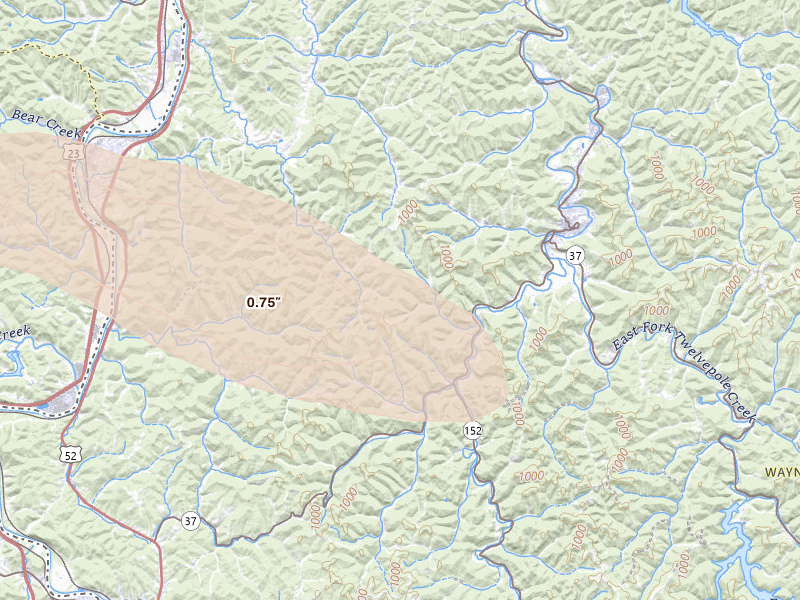 Radar-estimated hail-size map of the storm over Wayne, WV on Aug 16, 2026